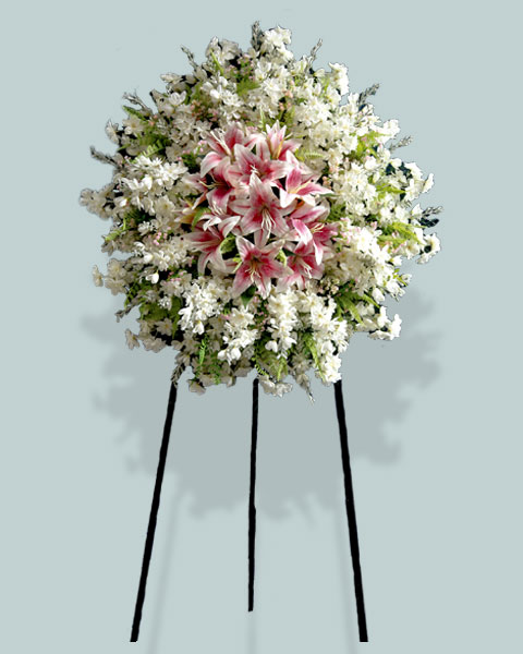 تاج گل یک طبقه لیلیوم صورتی و سفید خیریه آرین